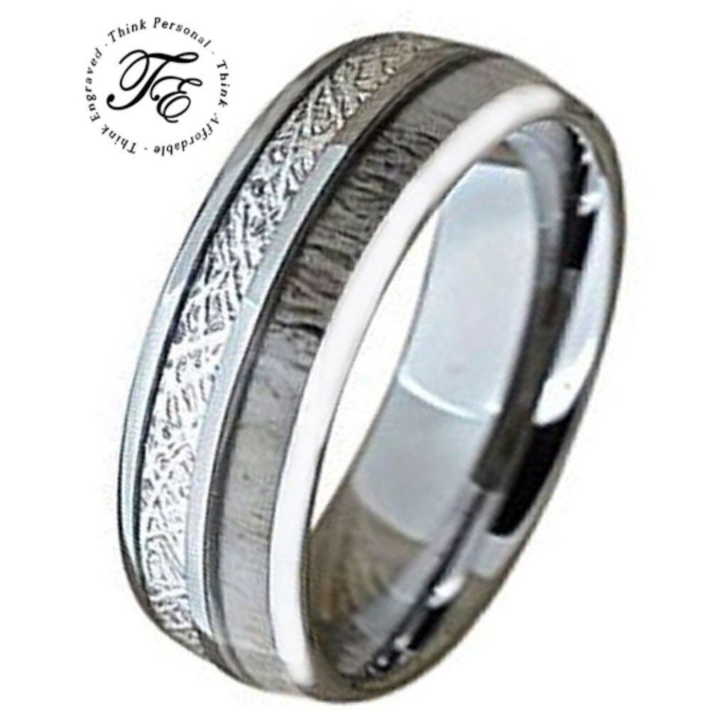 Personalized Men's Real Silver Tungsten Wedding Ring Meteor & Deer Antler Inlay